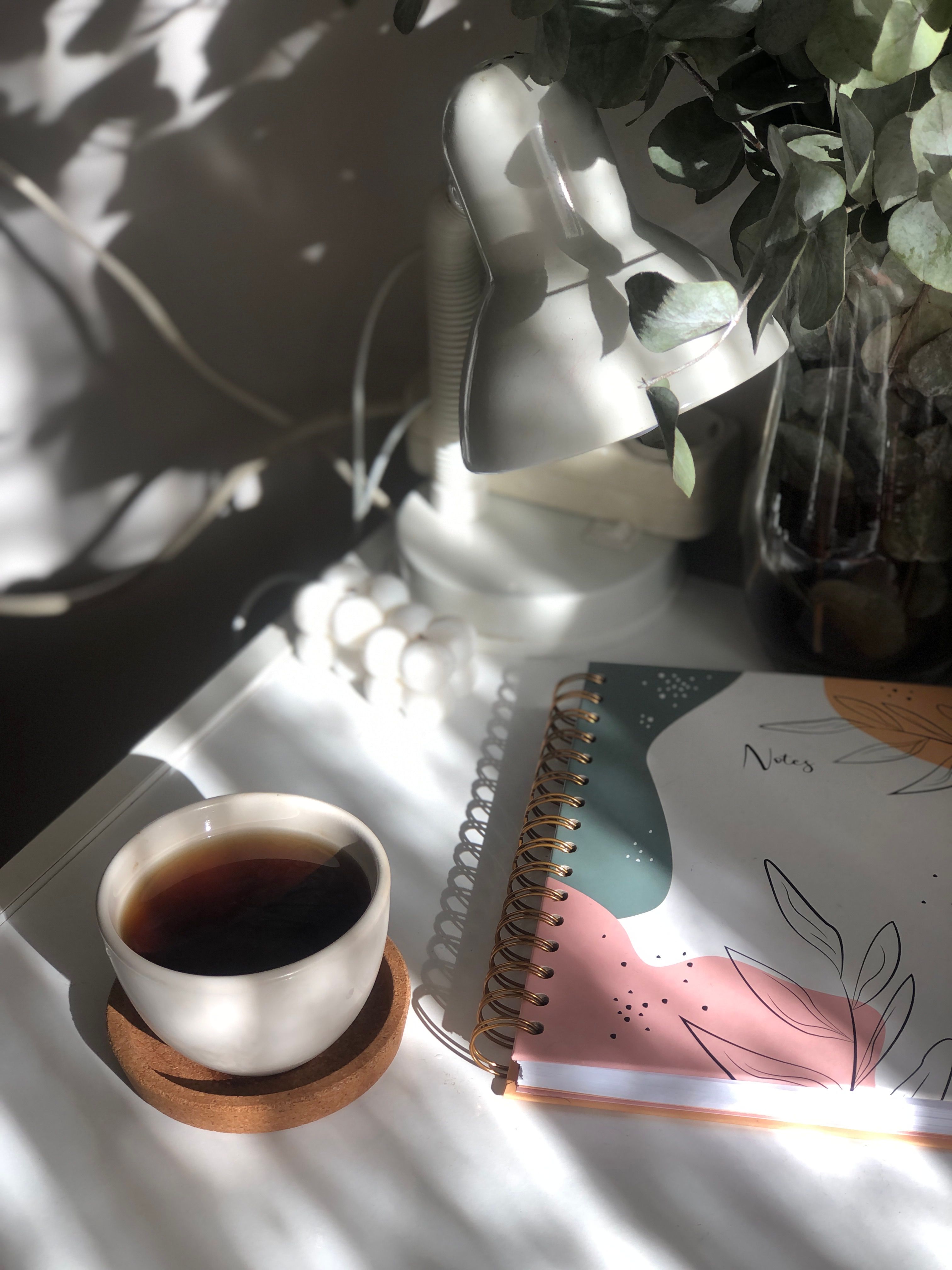 Coffee and notebook on a desk